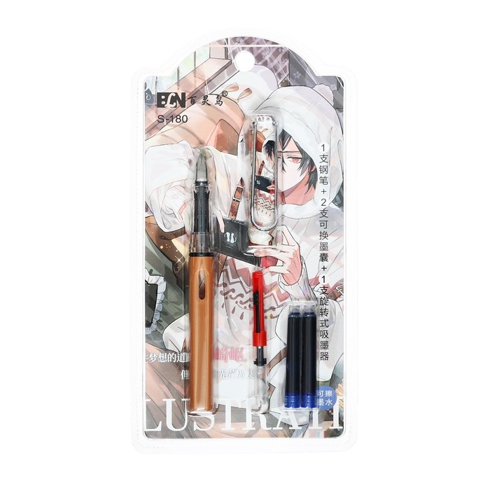 Ручка перьевая + 2 картриджа синих + поршень, на блистере,  Ручка перьевая + 2 картриджа синих + поршень, на блистере, "Аниме", МИКС