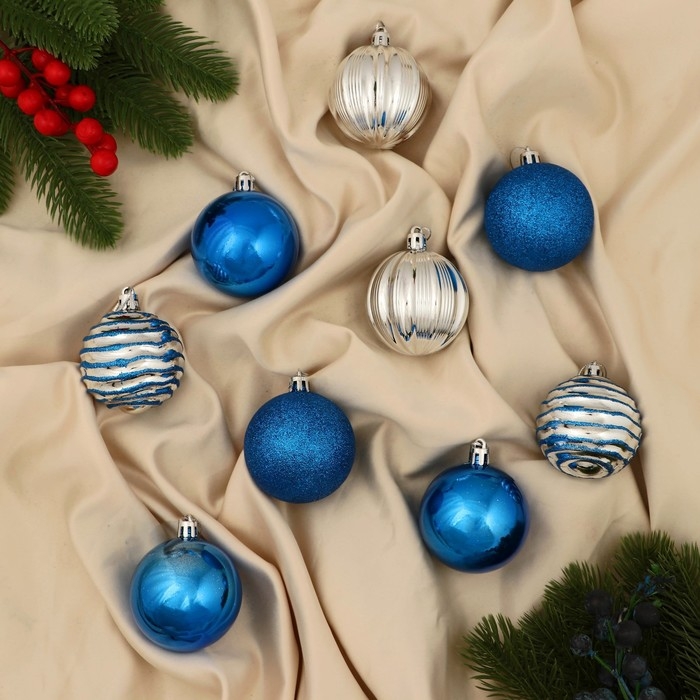 Набор шаров пластик d-5,5 см, 9 шт Набор шаров пластик d-5,5 см, 9 шт "Полночь" полоски, синий серебро