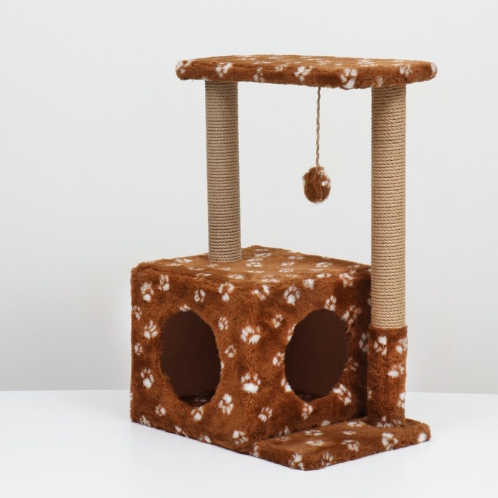 Домик для кошек с когтеточкой, двухэтажный, с окошками, 50х36х75 см, коричневая с лапками Домик для кошек с когтеточкой, двухэтажный, с окошками, 50х36х75 см, коричневая с лапками