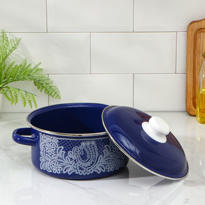 Кастрюля эмалированная «Вологодское кружево», 3 л, индукция, цвет синий Кастрюля эмалированная «Вологодское кружево», 3 л, индукция, цвет синий