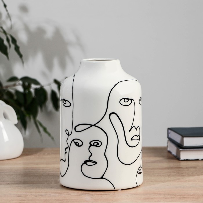 Ваза керамика настольная Ваза керамика настольная "Пикассо" (ручная роспись) лица, h-21,5 см d-6 см, чёрно-белый