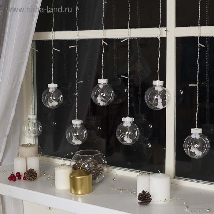 Гирлянда «Бахрома» 2.4 × 0.7 м с насадками «Шарики», IP20, прозрачная нить, 108 LED, свечение синее, 8 режимов, 220 В