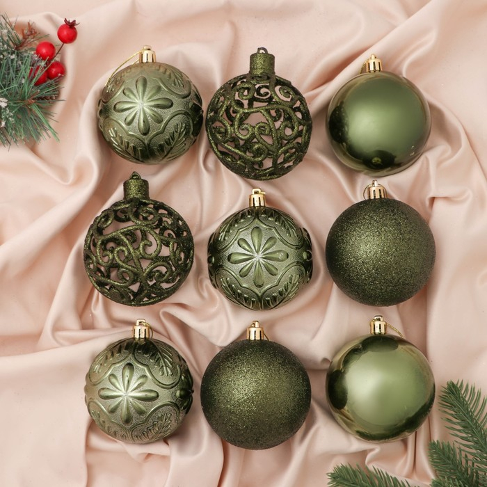 Набор шаров пластик d-8 см, 9 шт Набор шаров пластик d-8 см, 9 шт "Сильва ассорти" зелёный