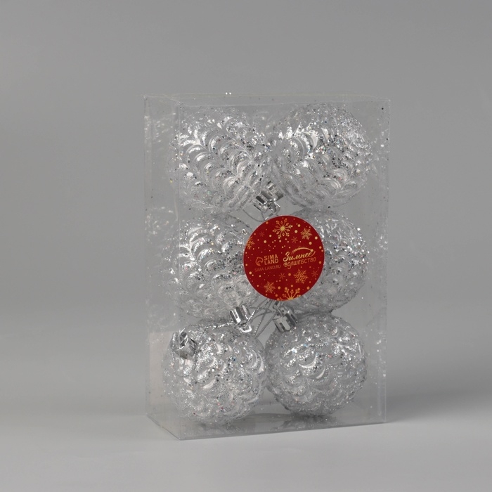 Набор шаров пластик d-6 см, 6 шт Набор шаров пластик d-6 см, 6 шт "Гелио" прозрачно-серебристый