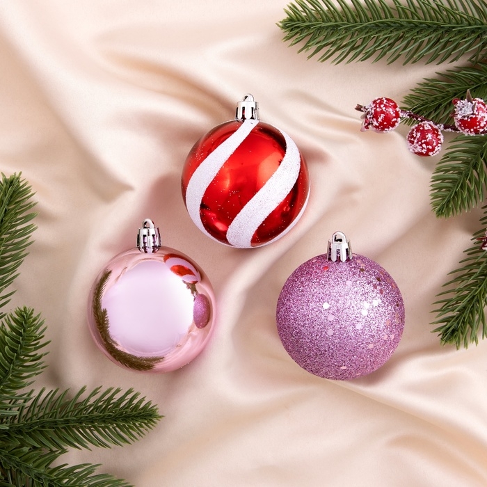 Набор шаров пластик d-6 см, 9 шт Набор шаров пластик d-6 см, 9 шт "Адель" полосы, бело-красный розовый