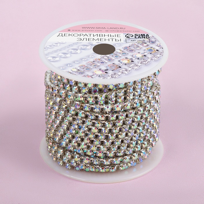 Цепь со стразами, с голографией, металл, стекло, 3,5 мм, 9 ± 1 м, цвет серебряный Цепь со стразами, с голографией, металл, стекло, 3,5 мм, 9 ± 1 м, цвет серебряный