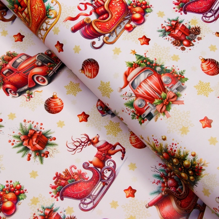 Новый год. Бумага упаковочная  Новый год. Бумага упаковочная "Новогодние сани", глянец, 1 лист, 80 г/м2 , 70 х 100 см