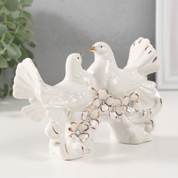Сувенир керамика "Белые голуби на цветочном дереве" с золотом, стразы