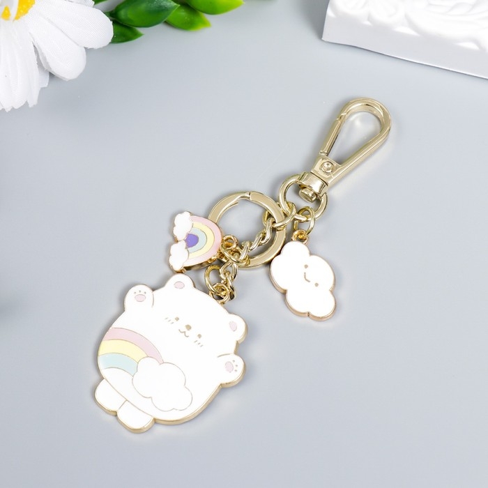 Брелок металл, эмаль с карабином Брелок металл, эмаль с карабином "Белый мишка с облаком и радугой"