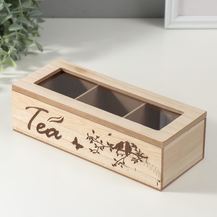 Шкатулка дерево 3 деления  Шкатулка дерево 3 деления "Птицы на ветке" 9,7х24х7 см