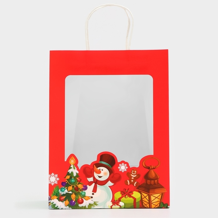 Пакет подарочный новогодний с окном Пакет подарочный новогодний с окном "Снеговик"30 х 22 х 14 см.