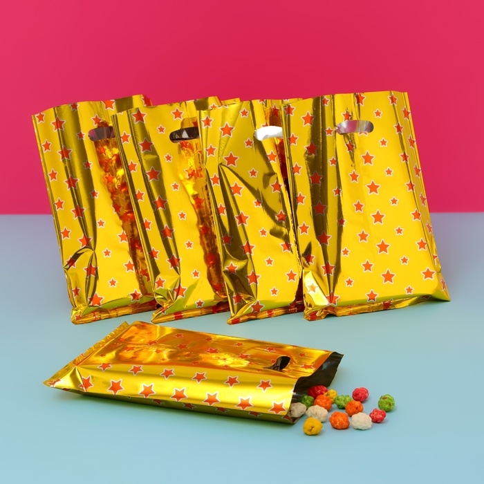 Набор подарочных пакетов, металлизированныей,  Набор подарочных пакетов, металлизированныей, "Звездочки" золотой 17х25 см , 20 микрон 10 шт набор