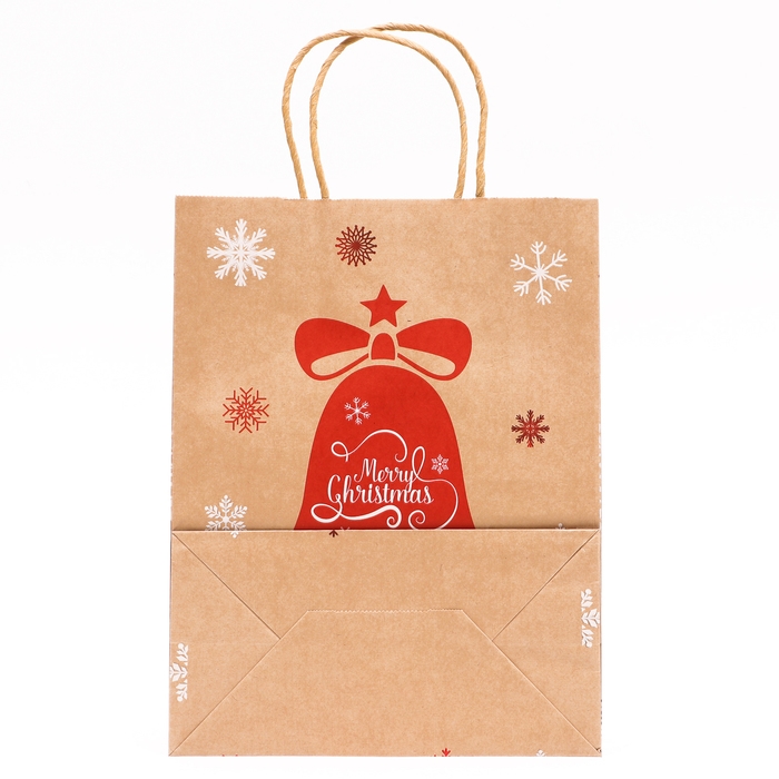 Новый год. Пакет бумажный подарочный новогодний крафт с тиснением Новый год. Пакет бумажный подарочный новогодний крафт с тиснением "Новогодний колокольчик", 27 х 21 х 11 см.
