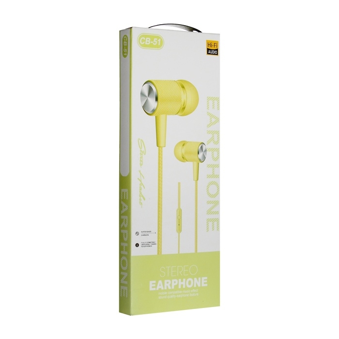 Наушники CB-51, проводные, вакуумные, микрофон, 1 м, Jack 3.5 мм, жёлтые Наушники CB-51, проводные, вакуумные, микрофон, 1 м, Jack 3.5 мм, жёлтые