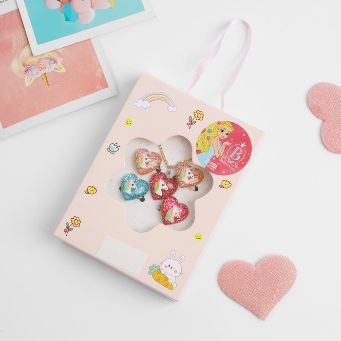 Набор детский «Выбражулька» 5 предметов: кулон, 4 кольца, единороги в сердечках, цвет МИКС Набор детский «Выбражулька» 5 предметов: кулон, 4 кольца, единороги в сердечках, цвет МИКС