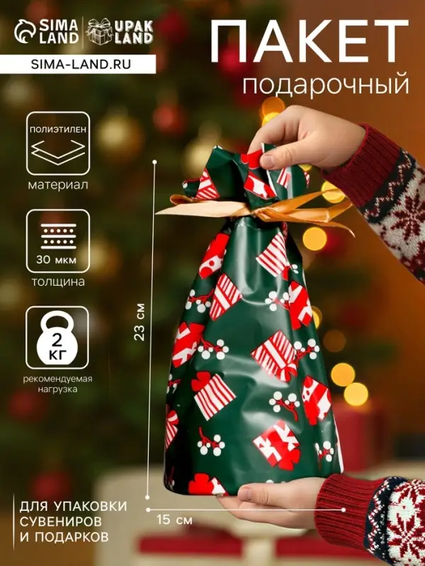 Пакет полиэтиленовый подарочный &laquo;Новогодние подарки&raquo;, с завязками, 15&times;23 см