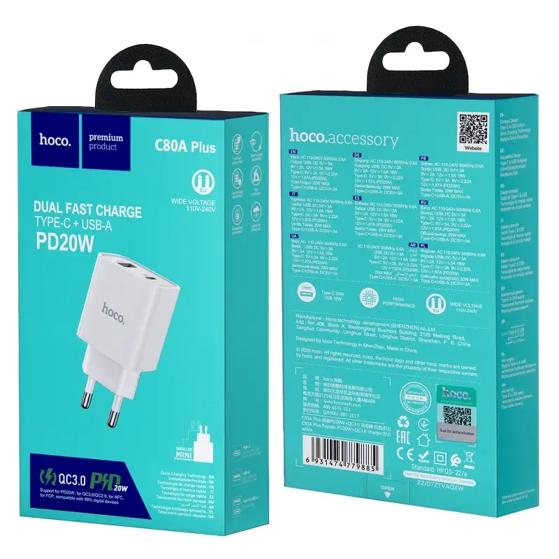 Переходник C80A plus СЗУ на USB QC3.0 + Type-C PD20W HOCO белый Переходник C80A plus СЗУ на USB QC3.0 + Type-C PD20W HOCO белый