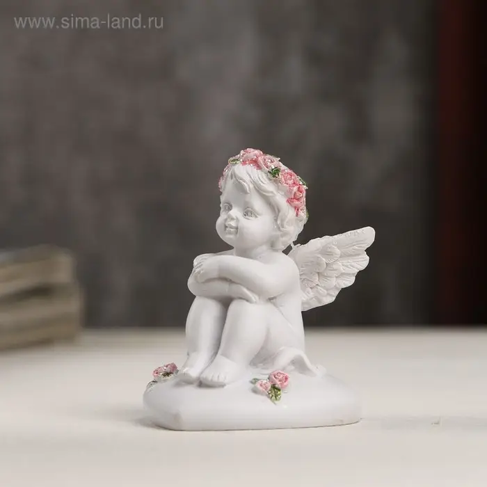 Сувенир полистоун "Белоснежный ангел в розовом веночке на сердце" 6,2х5х4,5 см
