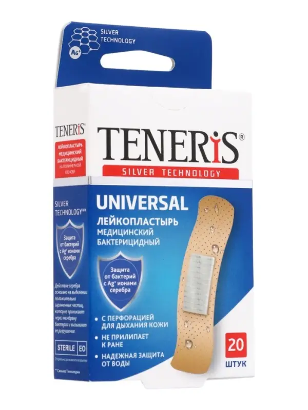 Лейкопластырь медицинский бактерицидный TENERIS Universal, полимерная основа, 7.6&times;1.9 см, 20 шт.