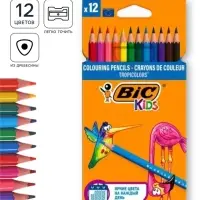 Карандаши цветные 12 цветов, детские, шестигранные, BIC Kids Tropicolors, пластиковые, ударопрочный грифель 3.2 мм, картонная упаковка