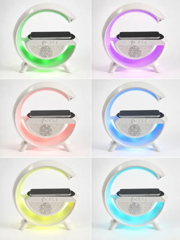 Колонка портативная - ночник, Bluetooth, беспроводная зарядка, часы, RGB-подсветка, 15 Вт, 3 А, белая