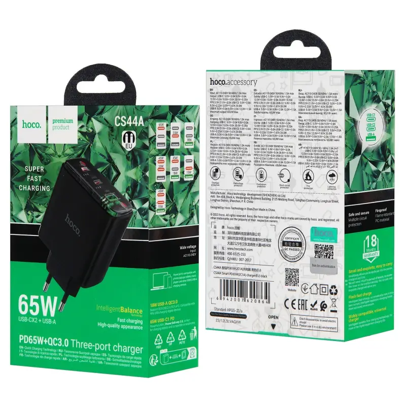 Переходник CS44A СЗУ на 2 Type-C PD65W HOCO черный Переходник CS44A СЗУ на 2 Type-C PD65W HOCO черный