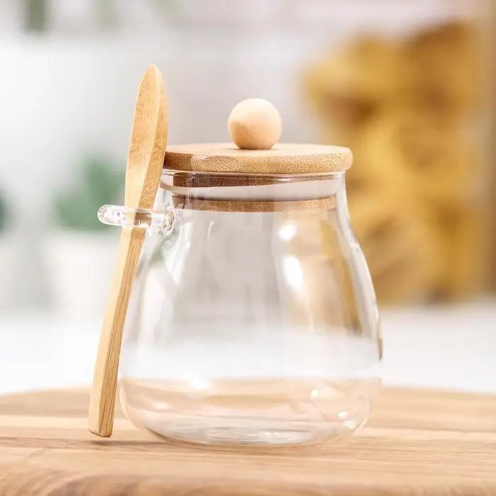 Сахарница «Эко» с ложкой, 480 мл, 9.5×9×12.5 см, с бамбуковой крышкой, стекло, прозрачная Сахарница «Эко» с ложкой, 480 мл, 9.5×9×12.5 см, с бамбуковой крышкой, стекло, прозрачная