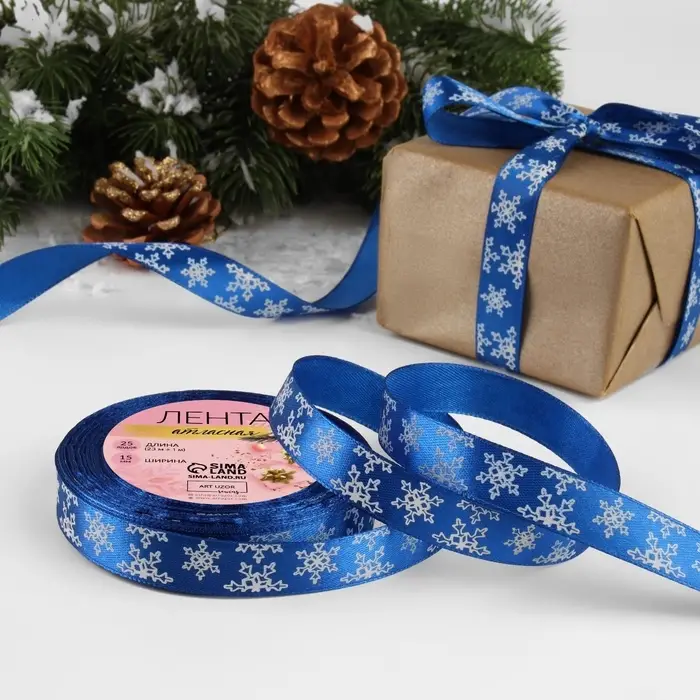 Лента атласная &laquo;Снежинки&raquo;, 15 мм, 23&plusmn;1 м, синяя