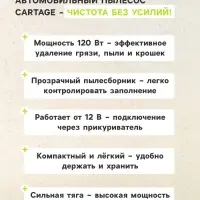Пылесос автомобильный CARTAGE, 5 насадок, 120 Вт, 12 В, черный