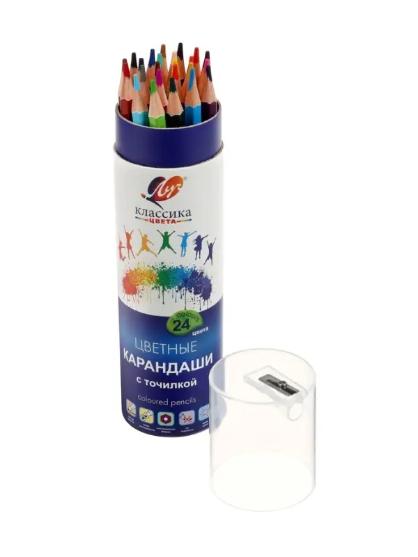 Карандаши 24 цветов, заточенные, шестигранные, с точилкой, дерево