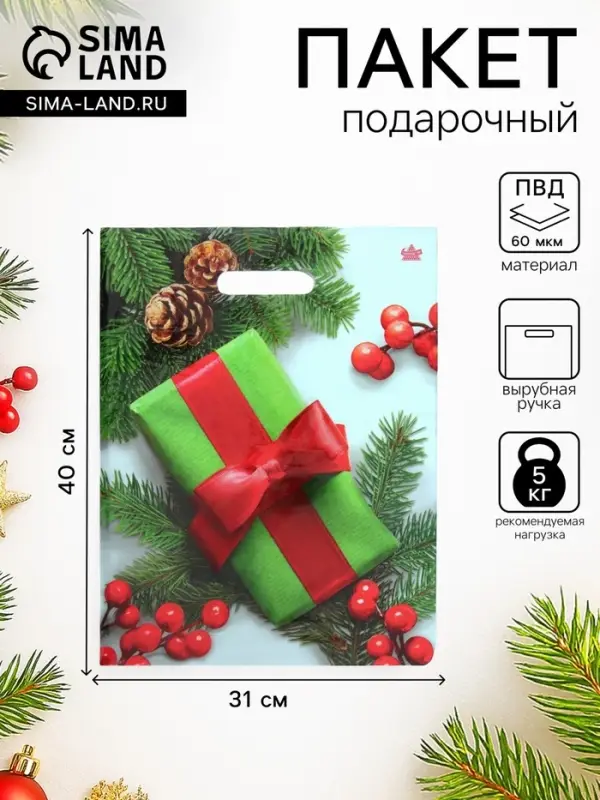 Пакет подарочный новогодний &laquo;Калина в подарок&raquo;, полиэтиленовый с вырубной ручкой, 40&times;31 см