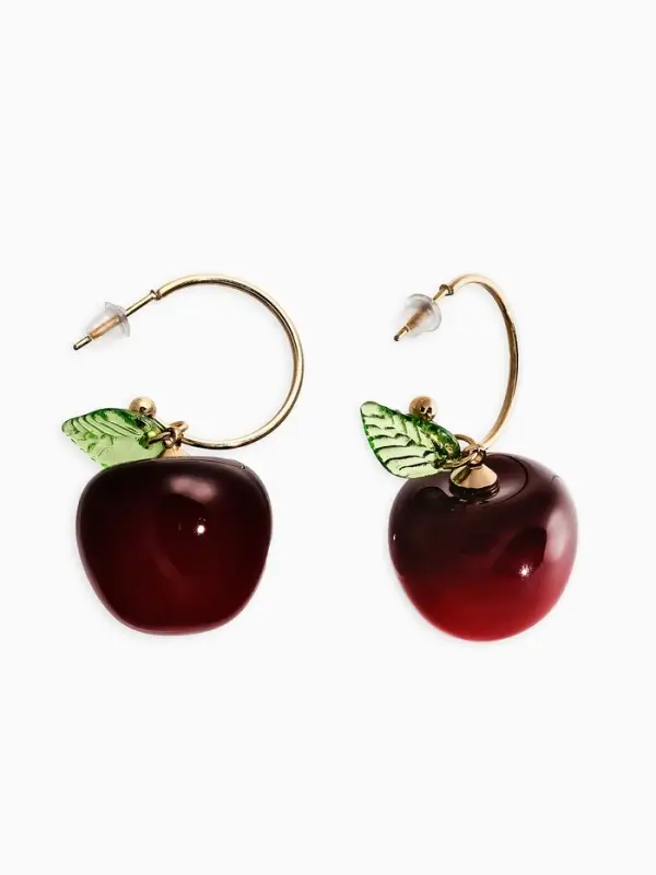 Серьги-кольца Серьги-кольца "Черешня с листочком", цвет бордовый в золоте