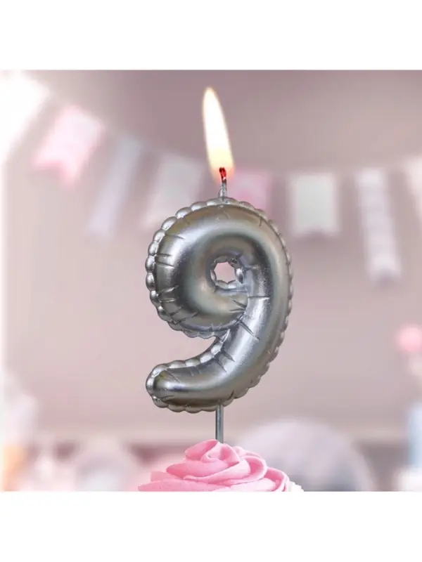 Свеча в торт на шпажке "Воздушая цифра", цифра "9", серебро