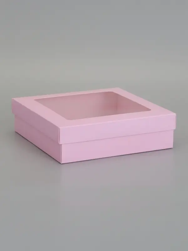 Коробка складная, крышка-дно,с окном, розовая, 23 х 23 х 6,5 см