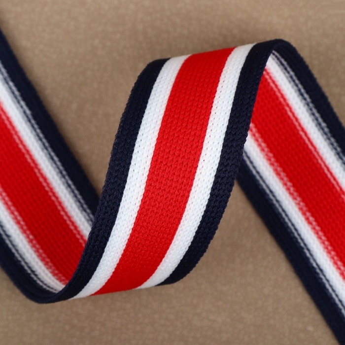 Тесьма трикотажная лампас 25 мм, 9,1 ± 0,5 м, цвет красный/белый/тёмно-синий
