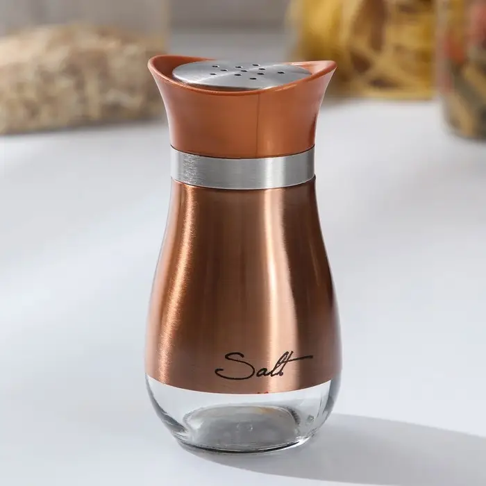 Солонка стеклянная «Сияние», 5,5×5×11 см, цвет бронзовый, надписи МИКС Солонка стеклянная «Сияние», 5,5×5×11 см, цвет бронзовый, надписи МИКС