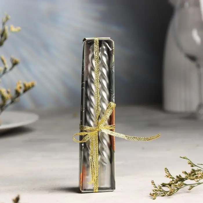 Набор свечей витых, 1,5х 15 см, 2 штуки, серебряный металлик Набор свечей витых, 1,5х 15 см, 2 штуки, серебряный металлик