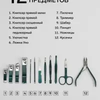 Набор маникюрный, 12 предметов, в футляре, цвет изумрудный