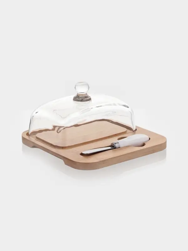 Маслёнка, 19&times;18&times;9.5 см, с ножом, на бамбуковой подставке, стекло, прозрачная