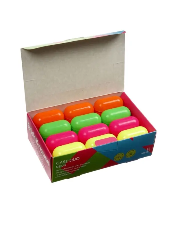 Точилка ErichKrause Case Duo Neon, 2 отверстия, с контейнером, МИКС