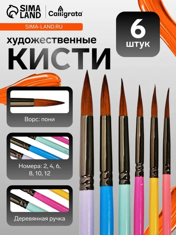Набор кистей для рисования, пони, 6 штук: № 2, 4, 6, 8, 10, 12, круглые, с цветными ручками, пастель, международный размер