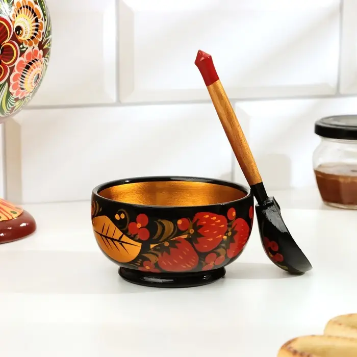 Набор посуды &laquo;Розетка с ложкой&raquo;, дерево хохлома, 10&times;4&times;10 см, МИКС