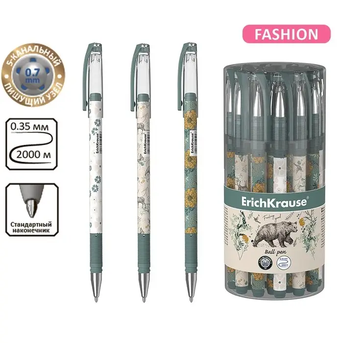 Ручка шариковая ErichKrause Ручка шариковая ErichKrause "ColorTouch Natural Life", узел 0.7 мм, синяя, тонкое письмо, резиновый держатель, стержень с дизайном, микс