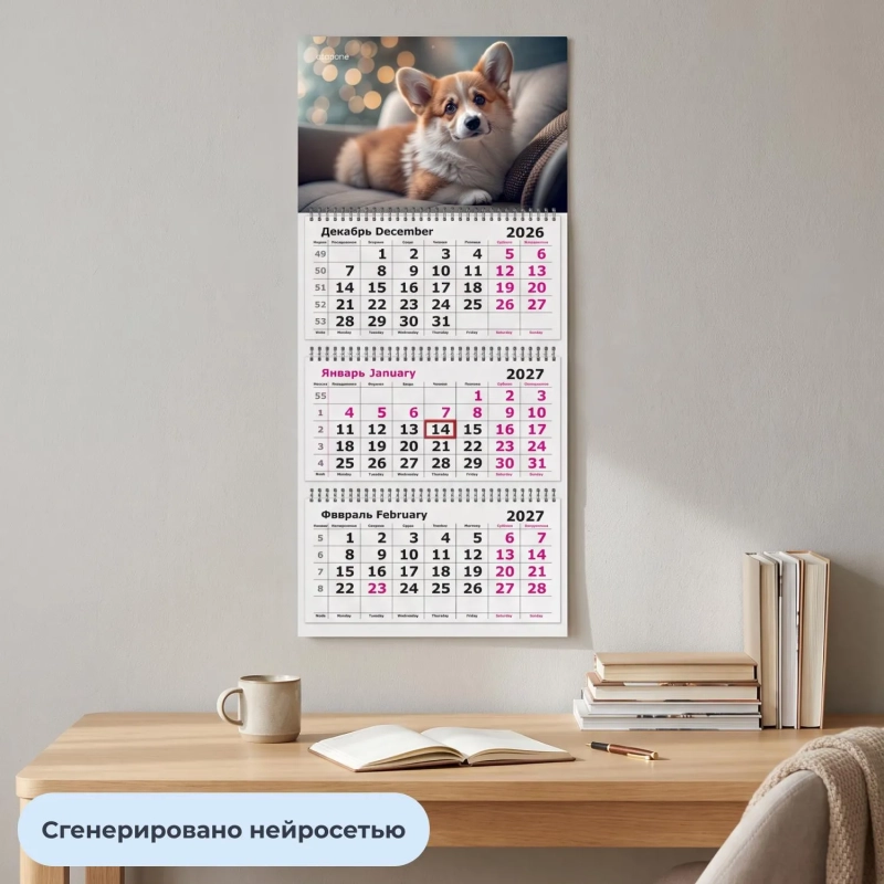 Календарь настенный 3-х блочный 2027 Attache Пес 305х675мм