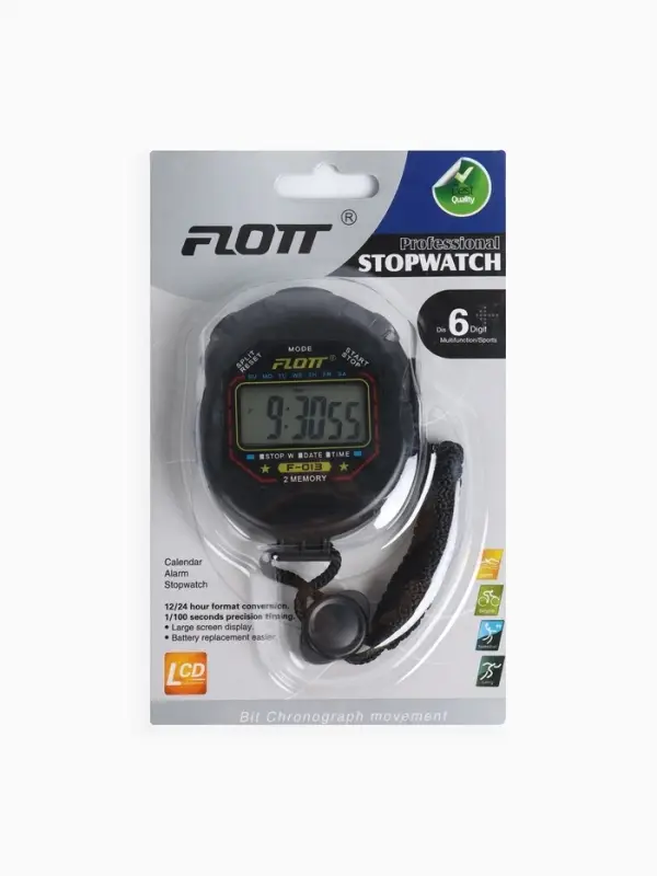 Секундомер FLOTT, 7.7&times;6.2&times;1.9 см, 2 отсечки, будильник, часы, календарь