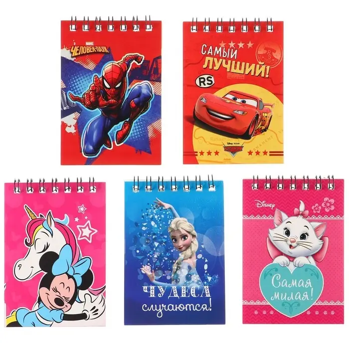 Блокнот А7, 32 листа, на гребне, 5 видов, МИКС