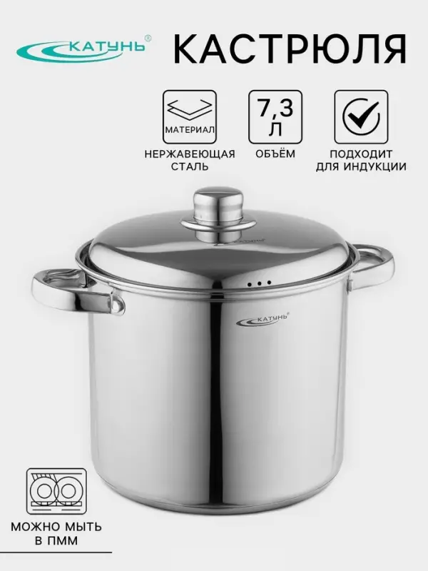 Кастрюля Катунь &laquo;Гретта&raquo;, 7.3 л, d=22 см, с крышкой, капсульное дно, индукция, нержавеющая сталь, AISI - 201, хромированная