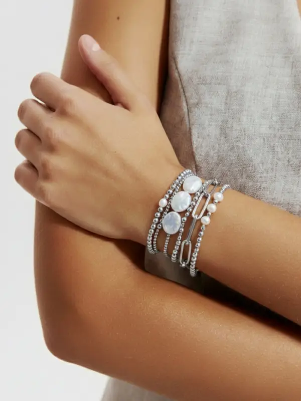 Набор браслетов &laquo;Жемчуг Барочный с цепями&raquo;, 7 шт. белый в серебре