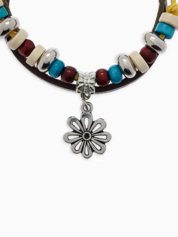 Браслет кожаный &laquo;Цветок с бусинами&raquo;, d=5 см, 3 нити, разноцветный