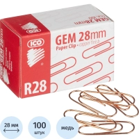 Скрепки ICO омедненные, 28 мм, негофрированные, золотистые, 100 шт/уп